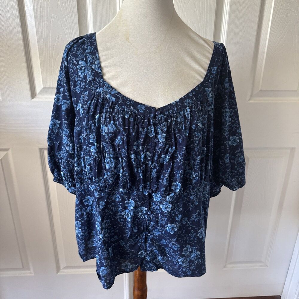 Old Navy Womens Plus 3X Floral Top Peasant Milkmaid Blue Cottagecore Shirred